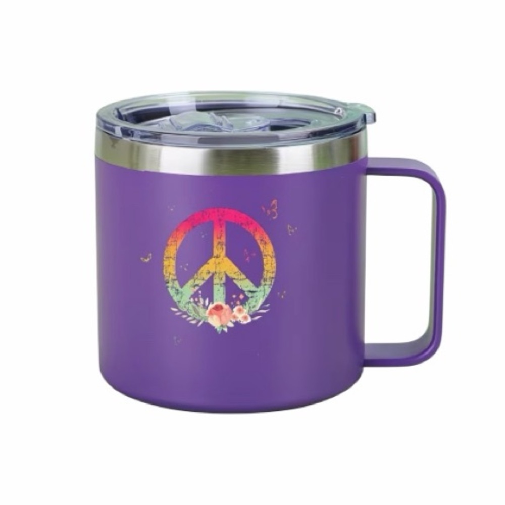 Colorful Peace Symbol With Butterflies On Purple Insulated Travel Mug 14oz New